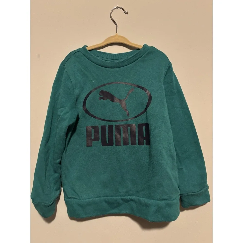 PUMA Boys 5T 2pc Fleece Outfit Set Green Pullover Sweatshirt Gray Joggers